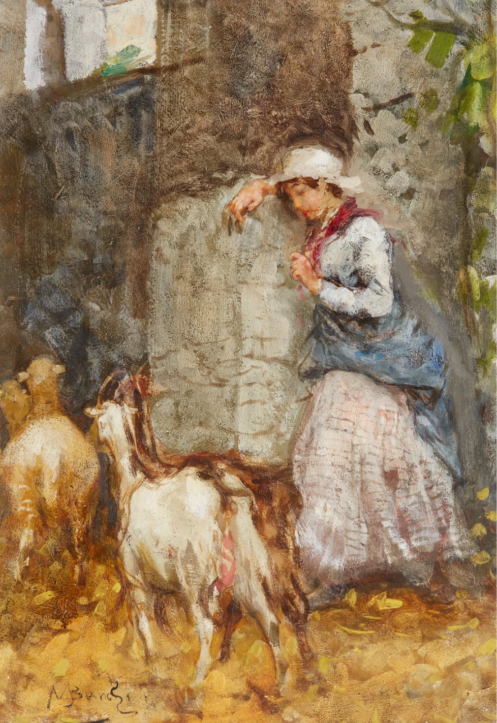 Pastorella in piedi appoggiata a un muro